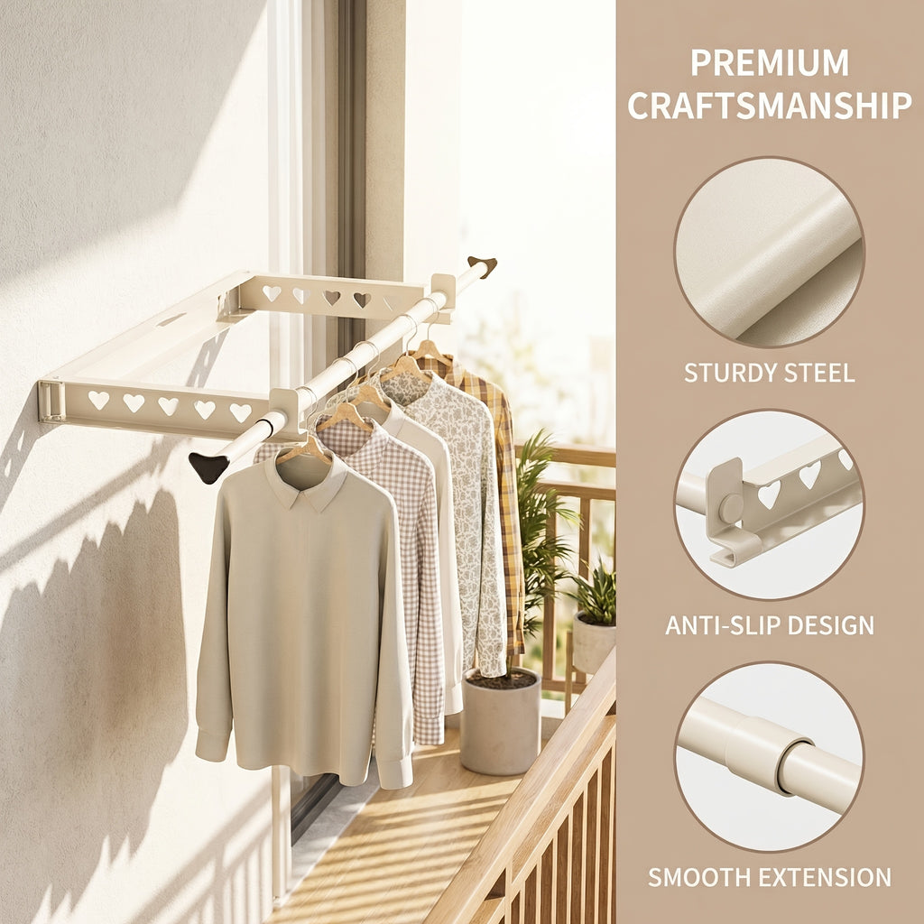 Single-Bar Folding Wall-Mounted Clothes Drying Rack with Clips, No-Drill Telescopic Drying Rod for Balcony and Window Exterior, Drying Racks