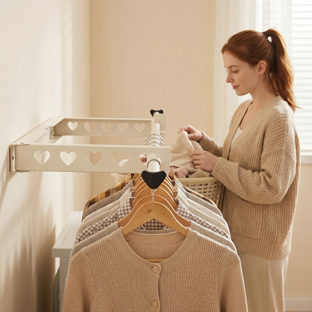 Single-Bar Folding Wall-Mounted Clothes Drying Rack with Clips, No-Drill Telescopic Drying Rod for Balcony and Window Exterior, Drying Racks