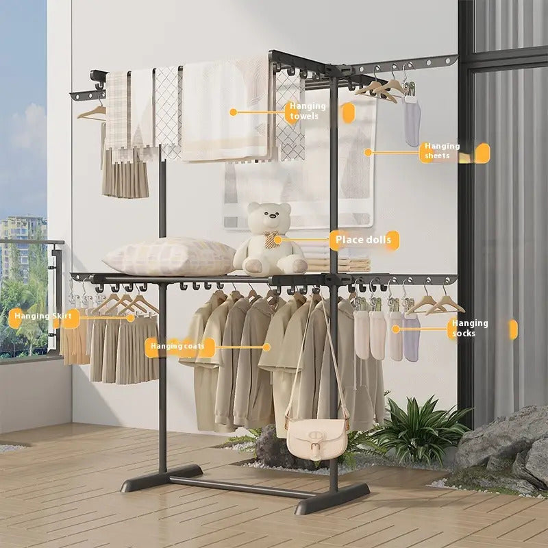 Rolling Clothes Drying Rack with Double or Single Layer Options, Adjustable Height, Foldable Rod, Space-saving Large Pulley. Suitable for Multiple Drying Locations, Easy to Move, Stable, and Space-efficient, Drying Racks