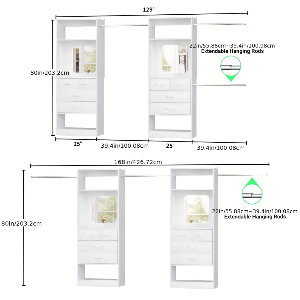 Besiost Closet Systems, 6-14ft Walk In Closet Organizer with 8 Drawers And Mirror, 168\