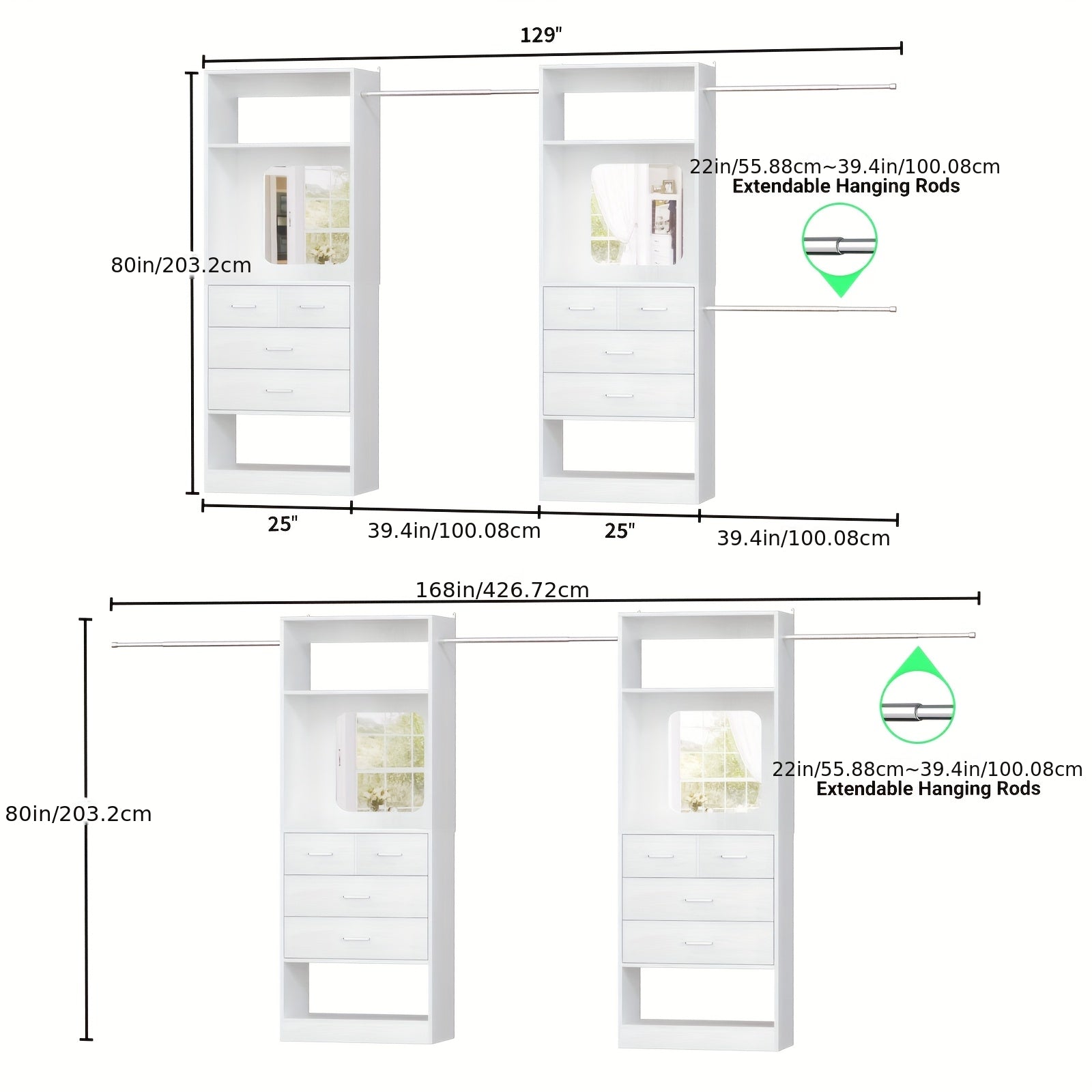 Besiost Closet Systems, 6-14ft Walk In Closet Organizer with 8 Drawers And Mirror, 168\