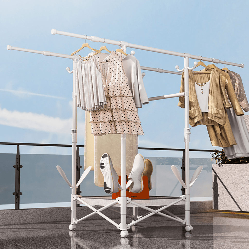 Double-Bar Folding Clothes Drying Rack with 5 folding hangers — Floor-Standing, No-Drill Design for Small Homes, Bedrooms, Balconies (Double-Pole Fully Extendable Rack + Mesh Basket + Shoe Rack + Coat Hooks + Crossbar)