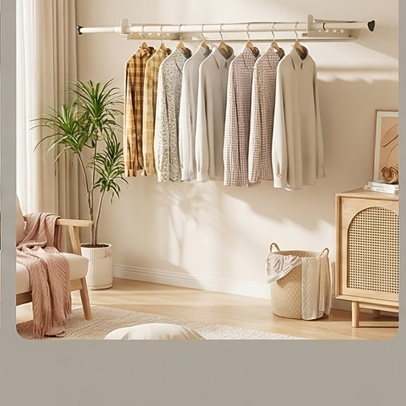 Single-Bar Folding Wall-Mounted Clothes Drying Rack with Clips, No-Drill Telescopic Drying Rod for Balcony and Window Exterior, Drying Racks