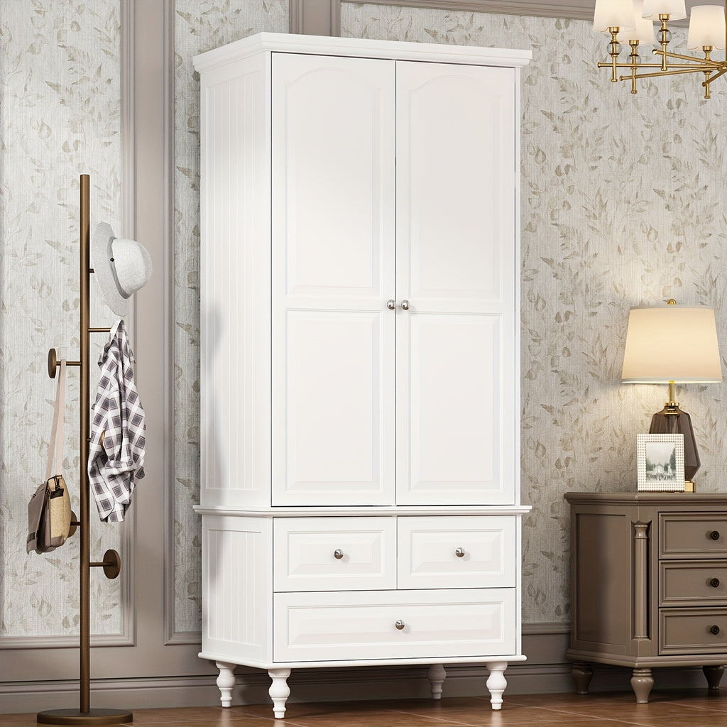 Stylish Wardrobe Cabinet Featuring Three Drawers And Four Shelves, Equipped with a Hanging Rod, Storage Unit with Handles And Wooden Legs, Suitable for Bedrooms And Guest Rooms, Offering Ample Storage Capacity, in White Color