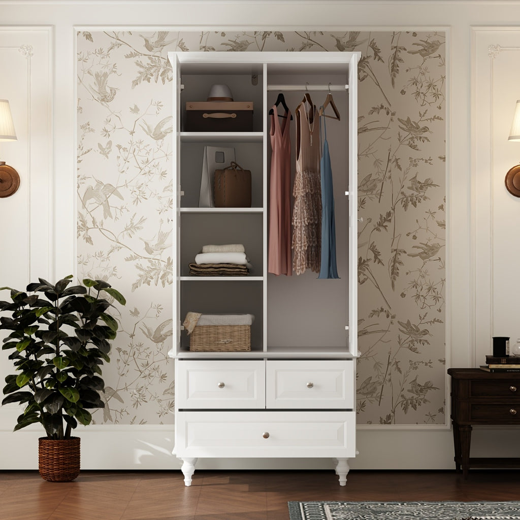 Stylish Wardrobe Cabinet Featuring Three Drawers And Four Shelves, Equipped with a Hanging Rod, Storage Unit with Handles And Wooden Legs, Suitable for Bedrooms And Guest Rooms, Offering Ample Storage Capacity, in White Color