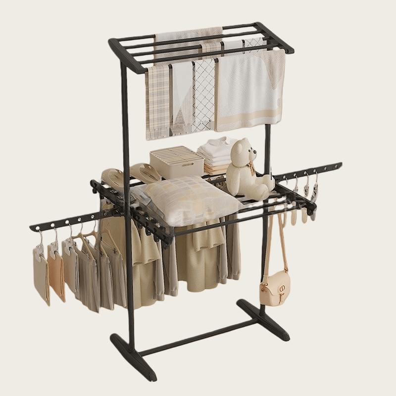 Rolling Clothes Drying Rack with Double or Single Layer Options, Adjustable Height, Foldable Rod, Space-saving Large Pulley. Suitable for Multiple Drying Locations, Easy to Move, Stable, and Space-efficient, Drying Racks