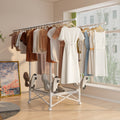 Double-Bar Folding Clothes Drying Rack with 5 folding hangers — Floor-Standing, No-Drill Design for Small Homes, Bedrooms, Balconies (Double-Pole Fully Extendable Rack + Mesh Basket + Shoe Rack + Coat Hooks + Crossbar)