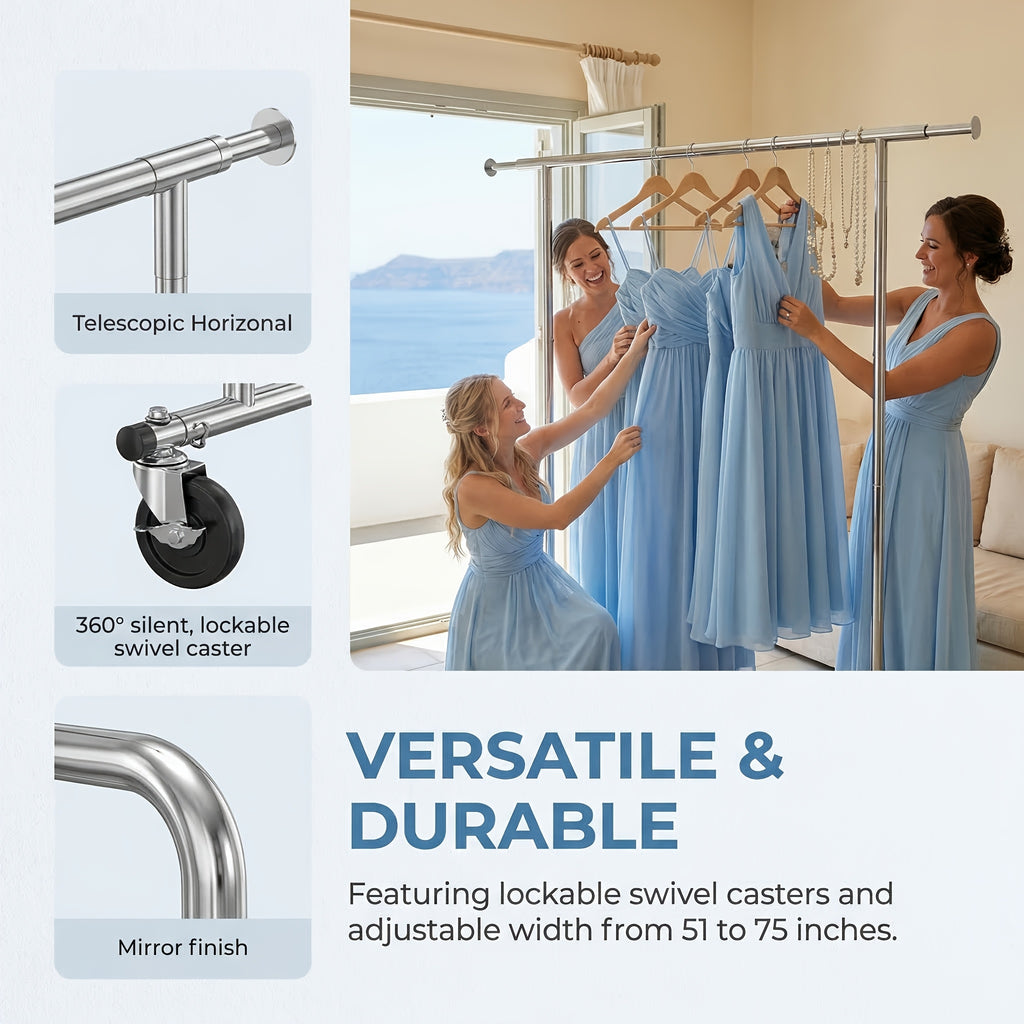Heavy Duty Single Rod Rolling Garment Rack Clothes Rack | Adjustable Stainless Steel Clothing Rack Extendable Width 51-75in | 360° Flexible Wheels Easy to Move Mobile Wheels | EASY to INSTALL Sturdy & Durable Wide Application