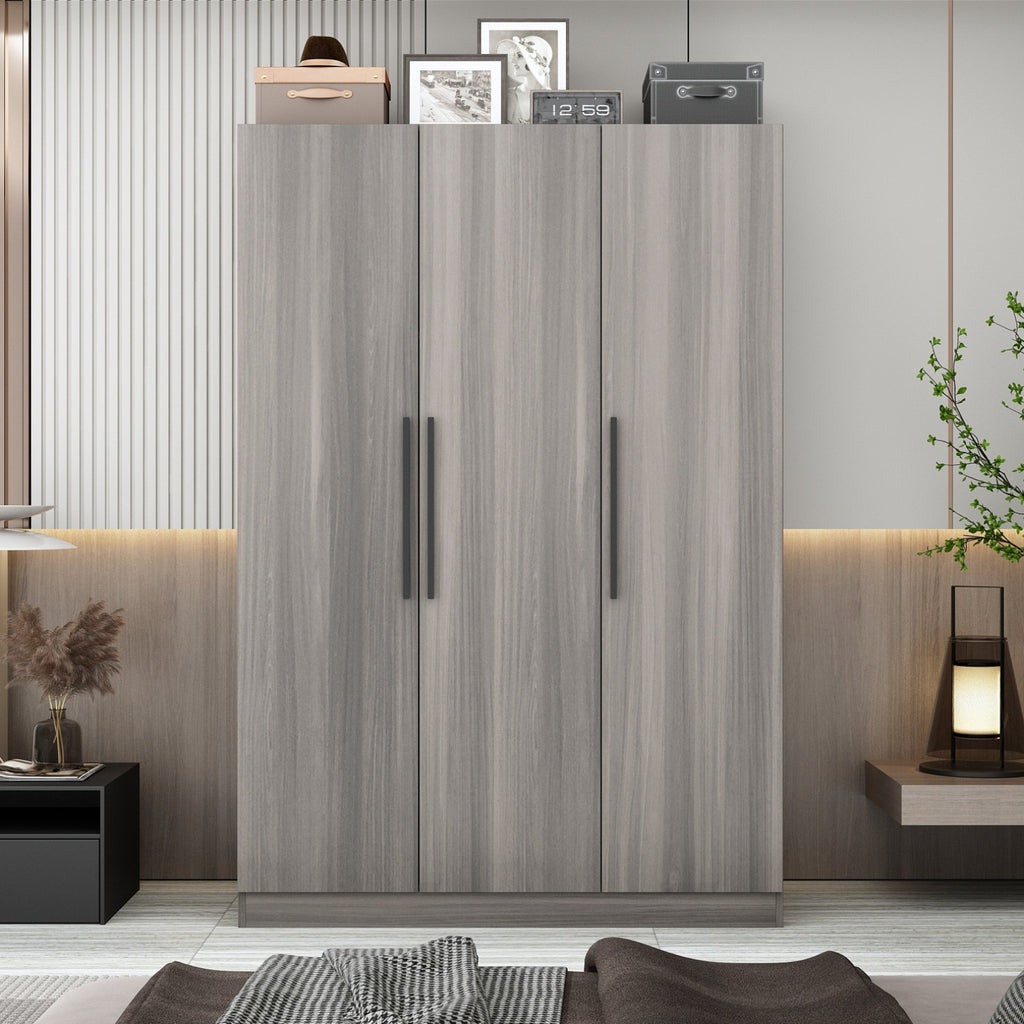 Contemporary Wooden Wardrobe with Three Doors, Designed for Clothing Storage, Featuring Six Compartments And a Hanging Rod. This Closet Includes Handles And Is Suitable for Bedrooms, Offering Ample Storage Space in Grey, Brown, And White Finishes