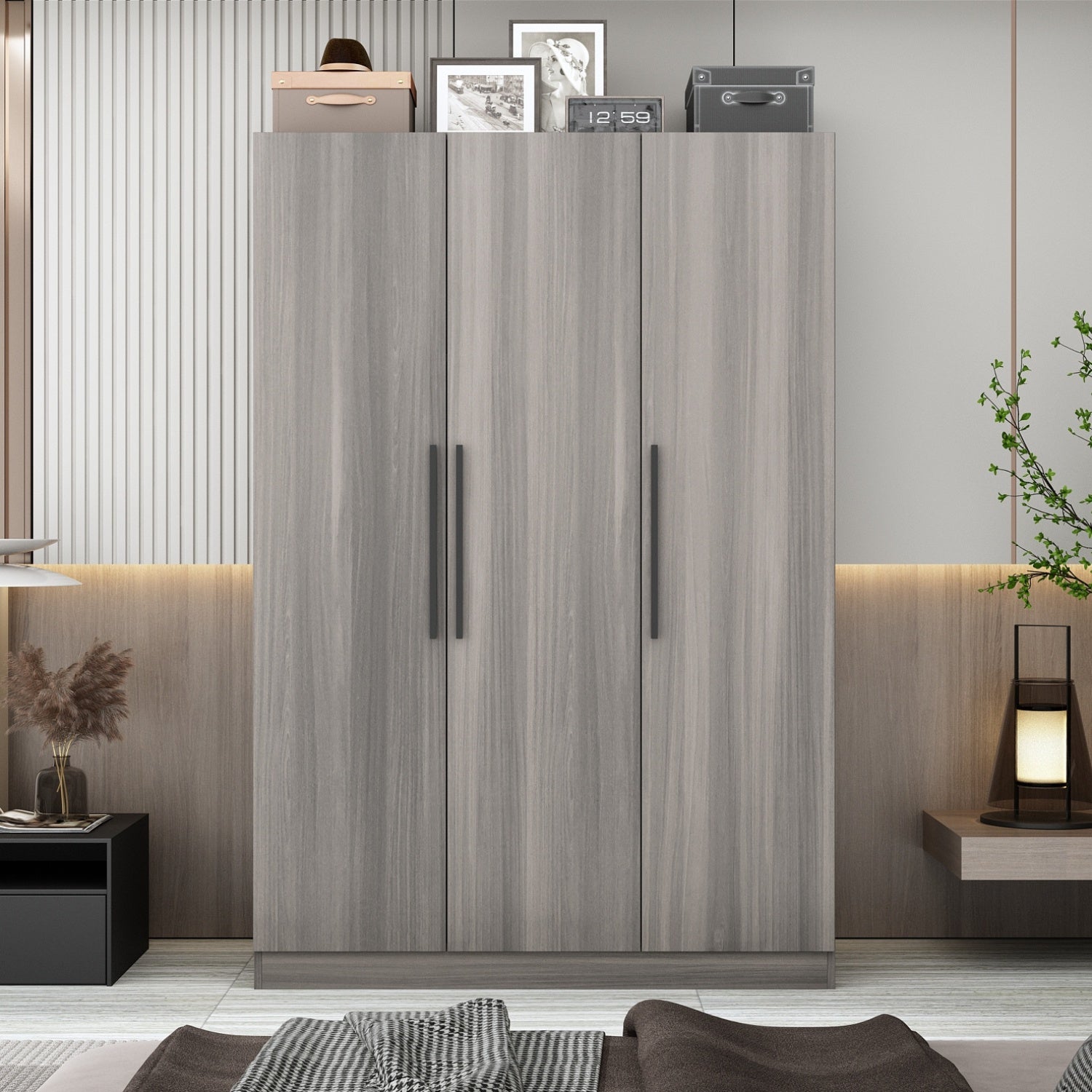 Contemporary Wooden Wardrobe with Three Doors, Designed for Clothing Storage, Featuring Six Compartments And a Hanging Rod. This Closet Includes Handles And Is Suitable for Bedrooms, Offering Ample Storage Space in Grey, Brown, And White Finishes
