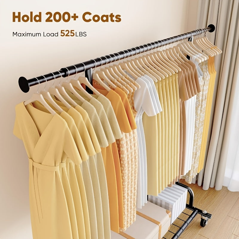 1pc Single Rod Heavy Duty Garment Rack, 525 LBS Max Load, Silvery Portable Rolling Clothes Rack, Sturdy Metal Clothing Rack for Bedroom, Laundry & Living Room