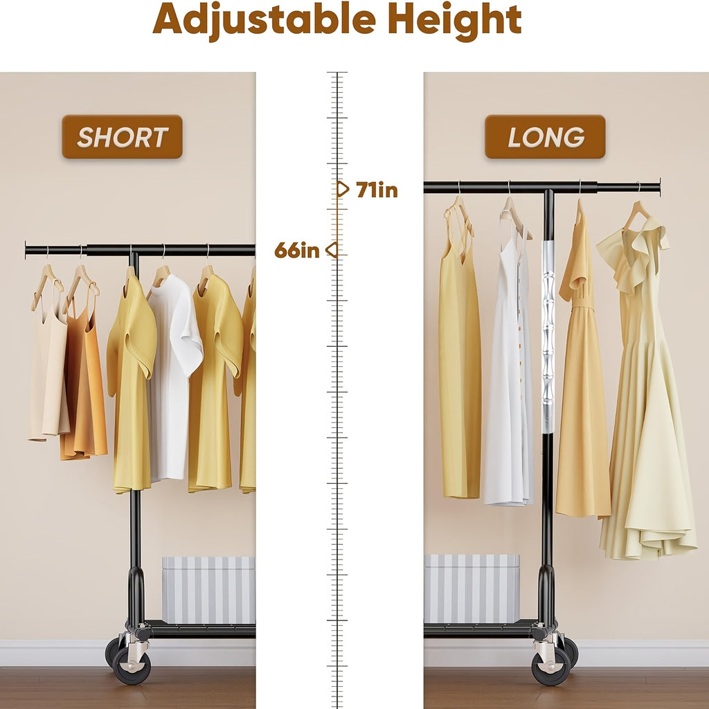 1pc Single Rod Heavy Duty Garment Rack, 525 LBS Max Load, Silvery Portable Rolling Clothes Rack, Sturdy Metal Clothing Rack for Bedroom, Laundry & Living Room