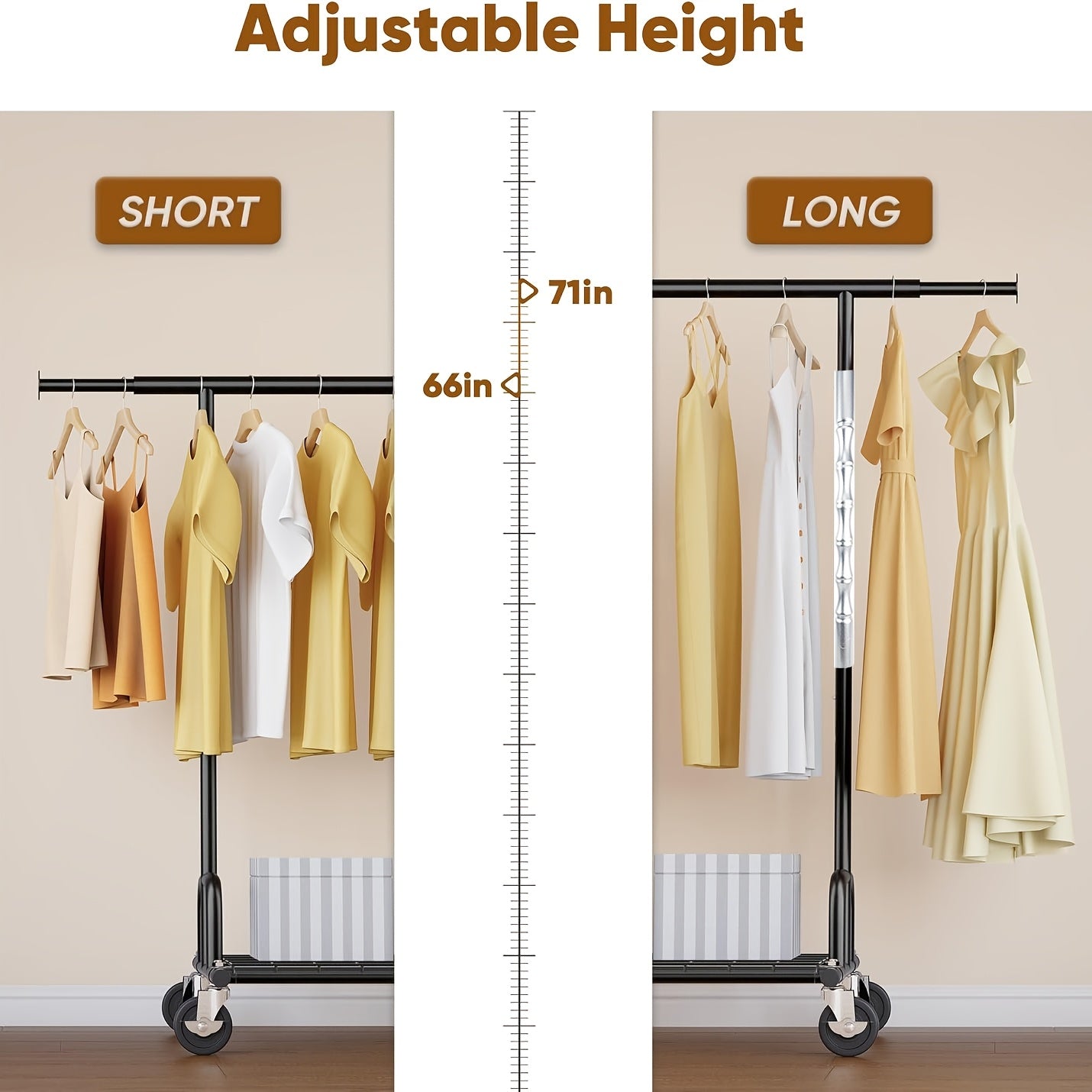 1pc Single Rod Heavy Duty Garment Rack, 525 LBS Max Load, Silvery Portable Rolling Clothes Rack, Sturdy Metal Clothing Rack for Bedroom, Laundry & Living Room
