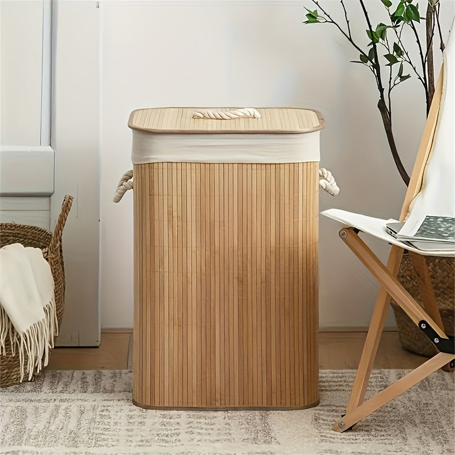1pc Foldable Bamboo Laundry Basket with Collapsible Frame - Rattan Clothes Hamper, Space-Saving Rectangular Storage Bin for ' Room,, Dorm, Bathroom Organization (Easy Assembly), Laundry Baskets